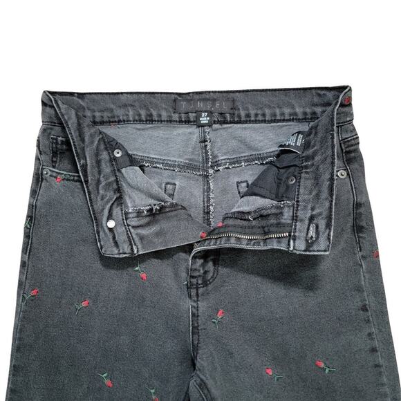 TINSEL DENIM COUTURE Dark Grey Washed Rose Embroidered Jeans Womens 27 Retro - Picture 9 of 14